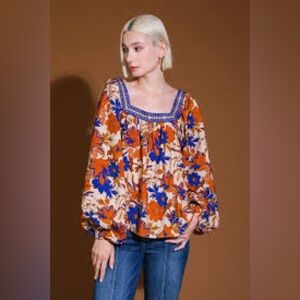 Flying Tomato Floral Blouse - Orange and Blue